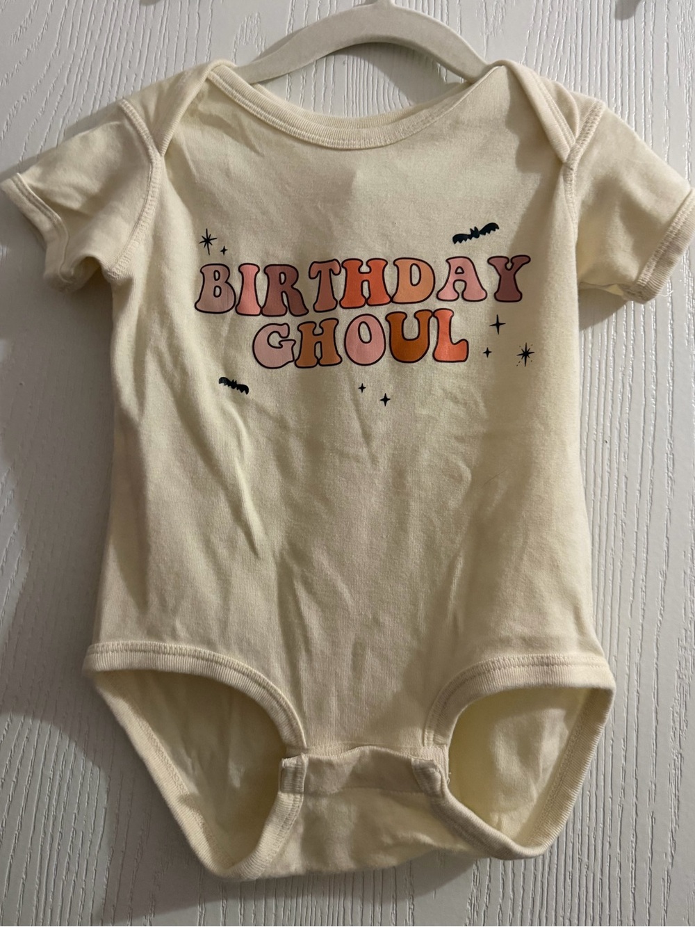 Rabbit Skins Cream Bodysuit with Pink and Orange 'Birthday Ghoul' Print